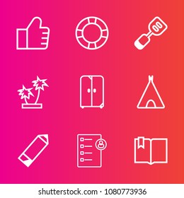 Premium set with outline vector icons. Such as float, human, cabinet, business, website, tent, holiday, search, tree, cupboard, open, job, document, interior, find, utensil, palm, nature, water, web