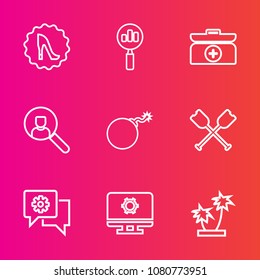 Premium set with outline vector icons. Such as falling, nuclear, sign, account, tropical, circle, box, footwear, nature, technology, internet, look, tree, communication, cross, online, heel, web, kit