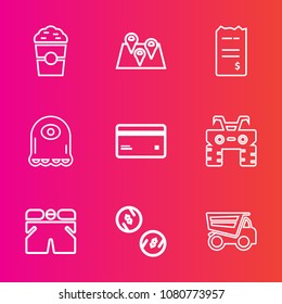 Premium set with outline vector icons. Such as truck, finance, card, gps, banking, debit, wheel, fashion, extreme, currency, white, monster, cafe, road, drink, restaurant, map, navigation, espresso
