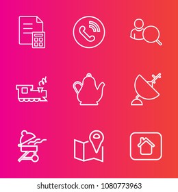 Premium set with outline vector icons. Such as technology, train, kettle, barbecue, money, investment, bbq, bank, financial, home, antenna, ring, house, pin, location, estate, dish, transportation