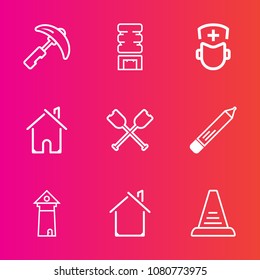 Premium set with outline vector icons. Such as landmark, pen, summer, professional, drink, architecture, container, canoe, ladder, boat, equipment, picnic, cold, up, medicine, water, cool, hospital