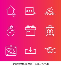 Premium set with outline vector icons. Such as ribbon, property, new, ocean, removal, sos, house, thermometer, nature, blue, bag, wildlife, present, graduation, price, box, college, gift, marine, wild