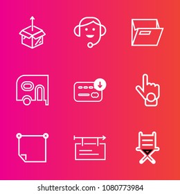 Premium set with outline vector icons. Such as box, customer, van, people, home, folder, message, file, armchair, billboard, delivery, finance, bag, note, house, support, package, headset, seat, hand