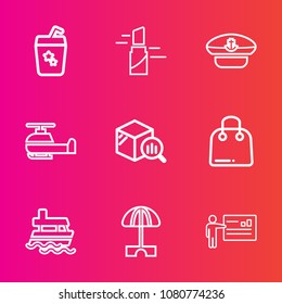 Premium set with outline vector icons. Such as tropical, ship, umbrella, pink, helicopter, alcohol, vessel, fashion, sailor, businessman, drink, business, boat, sea, captain, color, transportation