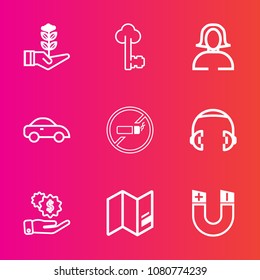 Premium set with outline vector icons. Such as equipment, magnetic, pole, sound, finance, vintage, growth, woman, science, life, vehicle, taxi, no, green, door, business, gardening, dollar, sign, key