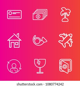Premium set with outline vector icons. Such as security, cheque, person, home, architecture, aircraft, window, refresh, summer, plant, cash, credit, airplane, leaf, natural, business, palm, tropical