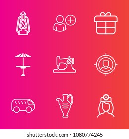Premium set with outline vector icons. Such as craft, left, lamp, vintage, concept, highway, target, sewing, machine, business, direction, marketing, account, sew, antique, user, care, oil, present
