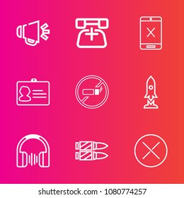 Premium set with outline vector icons. Such as name, cord, gun, loudspeaker, music, sound, phone, tv, support, voice, weapon, document, horizontal, no, contact, spaceship, military, tobacco, call, id