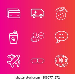 Premium set with outline vector icons. Such as risk, game, car, aircraft, user, payment, credit, medical, airplane, space, message, plane, drink, bank, glasses, money, glass, card, juice, travel, buy