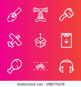 Premium set with outline vector icons. Such as cycle, download, plane, sound, headphone, construction, screwdriver, technology, hammer, bicycle, aircraft, web, music, saw, wheel, meal, building, food
