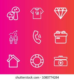 Premium set with outline vector icons. Such as mobile, present, progress, white, success, gift, cell, vegetarian, home, champignon, mushroom, food, emergency, summer, gemstone, shirt, growth, crystal