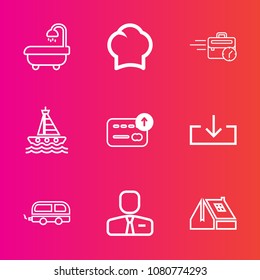 Premium set with outline vector icons. Such as man, sign, bus, job, download, finance, chef, late, white, web, sink, interior, employer, employee, modern, professional, house, currency, food, home