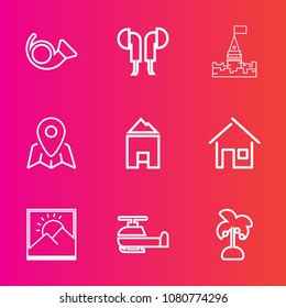 Premium set with outline vector icons. Such as transportation, travel, device, location, summer, tower, stereo, castle, tropical, music, jazz, brass, estate, audio, trumpet, bugle, orchestra, picture