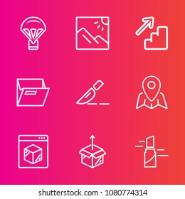 Premium set with outline vector icons. Such as pin, down, landscape, folder, operation, delivery, online, doctor, scenery, sky, travel, surgery, photo, business, beauty, shipping, internet, upstairs