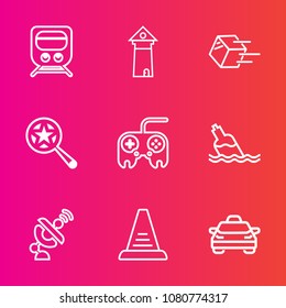 Premium set with outline vector icons. Such as communication, arrow, technology, locomotive, space, global, city, europe, landmark, travel, architecture, concept, famous, ladder, drink, shipment, find