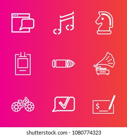 Premium set with outline vector icons. Such as chat, check, sound, horizontal, play, badge, vintage, military, online, retro, piece, challenge, melody, bicycle, web, note, music, pay, gramophone, game