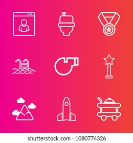 Premium set with outline vector icons. Such as people, food, water, public, object, toilet, profile, hygiene, whistle, summer, landscape, reward, bed, swimming, person, award, blue, rocket, internet