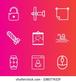 Premium set with outline vector icons. Such as danger, internet, bomb, unlock, protection, water, blue, office, swimming, military, male, minute, web, technology, safe, transport, clock, mouse, key