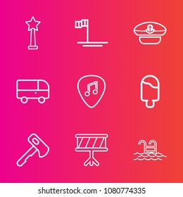 Premium set with outline vector icons. Such as hammer, road, blue, ice, construction, musical, music, baja, transportation, sailor, tool, ocean, nature, axe, summer, beach, instrument, pool, trophy