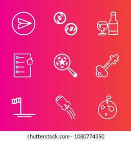 Premium set with outline vector icons. Such as alcohol, ocean, mexico, house, contract, smartphone, technology, beach, red, blue, business, email, finance, glass, money, phone, find, old, key, planet