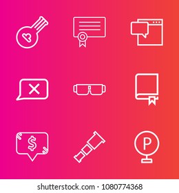 Premium set with outline vector icons. Such as string, wooden, folk, melody, education, play, sunglasses, lot, closed, sky, instrument, speech, space, urban, bubble, art, square, business, achievement