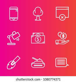 Premium set with outline vector icons. Such as wood, table, cash, internet, page, gun, green, message, forest, tree, landscape, trunk, currency, finance, environment, sign, wireless, nature, tank, web