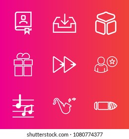 Premium set with outline vector icons. Such as address, office, trumpet, military, square, gift, gun, bullet, cube, arrow, ribbon, web, download, button, website, contact, musical, player, weapon, box