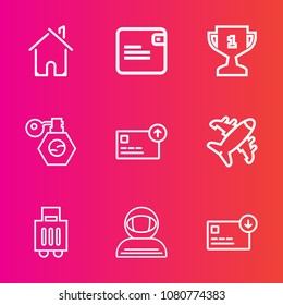 Premium set with outline vector icons. Such as first, competition, science, modern, business, beauty, sack, airport, flight, spacesuit, perfume, architecture, aircraft, money, victory, winner, travel