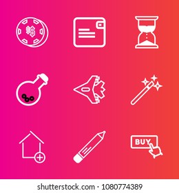 Premium set with outline vector icons. Such as clock, house, tool, game, button, pencil, office, risk, sand, wallet, home, money, jet, leisure, gambling, technology, hourglass, hour, luck, jetliner