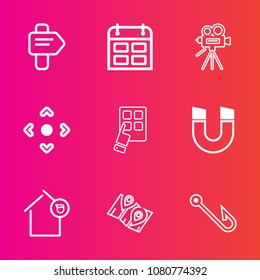 Premium set with outline vector icons. Such as time, button, field, pin, fishing, road, location, tripod, pole, movie, business, landlord, modern, way, calendar, travel, technology, magnetic, house
