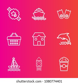 Premium set with outline vector icons. Such as object, ribbon, summer, boat, big, market, ben, badge, blue, yacht, buy, sport, basket, animal, london, shop, underwater, vacation, drink, banner, cafe