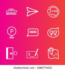 Premium set with outline vector icons. Such as ocean, water, customer, door, travel, business, center, web, sea, support, check, operator, cruise, exit, headset, location, road, email, service, bubble