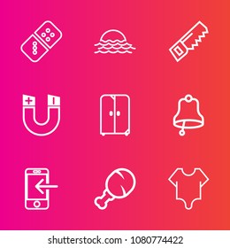 Premium set with outline vector icons. Such as home, sky, domino, sunrise, transfer, phone, girl, fashion, model, background, game, interior, bell, risk, construction, fast, white, science, furniture