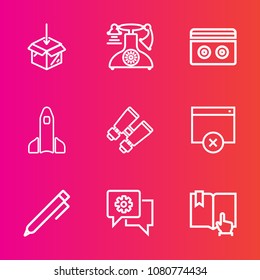 Premium set with outline vector icons. Such as call, sign, upload, classic, watch, audio, shuttle, click, retro, vintage, music, write, page, box, download, search, telephone, tape, vision, rocket