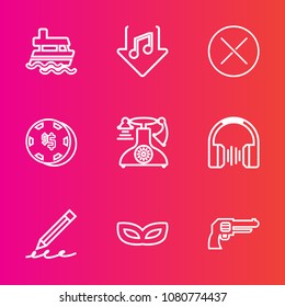 Premium set with outline vector icons. Such as revolver, pistol, button, transportation, education, sound, download, pen, masquerade, call, write, close, stereo, computer, vintage, internet, vessel