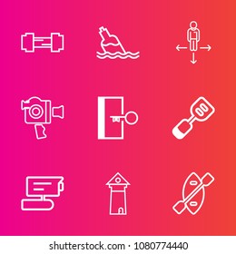 Premium set with outline vector icons. Such as tool, drink, transparent, fit, exit, gym, oar, health, tv, bottle, liquid, travel, utensil, architecture, boat, plastic, spatula, direction, training
