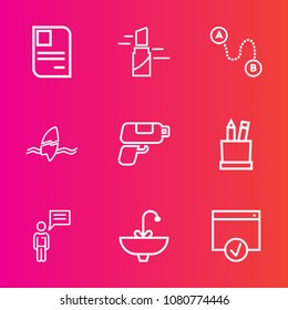 Premium set with outline vector icons. Such as ocean, education, female, point, identity, game, name, bathroom, sink, person, personal, color, surfer, surf, equipment, tap, position, chat, makeup, red