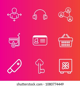 Premium set with outline vector icons. Such as key, sea, water, market, document, summer, road, map, stereo, metal, equipment, travel, audio, place, screen, safety, arrow, sound, snorkel, id, cut, old