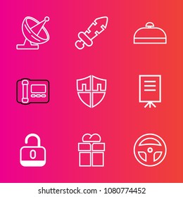 Premium set with outline vector icons. Such as tool, stationary, sword, bag, gift, antenna, war, business, people, travel, steel, internet, protect, trip, meeting, weapon, security, technology, phone