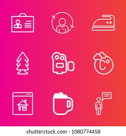 Premium set with outline vector icons. Such as cup, handle, thermometer, female, tree, social, forest, refresh, management, person, cafe, male, domestic, coffee, drink, girl, video, camera, man, scale