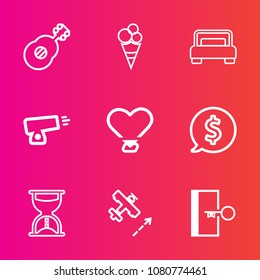 Premium set with outline vector icons. Such as chocolate, escape, price, ice-cream, weapon, rock, ice, sound, label, plane, travel, frame, musical, vanilla, strawberry, bedroom, sand, food, hour, love