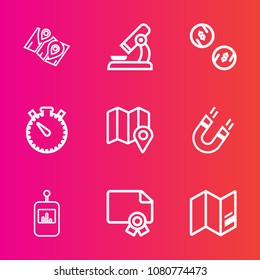 Premium set with outline vector icons. Such as laboratory, location, pin, world, map, coin, medical, microscope, countdown, business, chemistry, achievement, frame, button, watch, science, diploma, tv