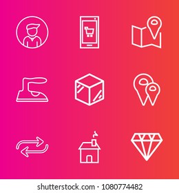 Premium set with outline vector icons. Such as male, box, app, boy, packaging, map, substitute, fashion, replace, hand, change, iron, home, domestic, diamond, travel, people, crystal, jewelry, smart