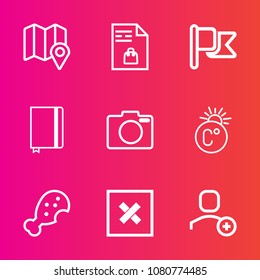 Premium set with outline vector icons. Such as red, book, note, list, textbook, camera, map, photo, user, scale, thermometer, market, account, national, meal, country, snack, store, nation, shopping