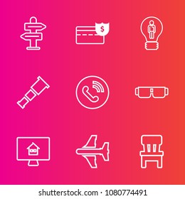 Premium set with outline vector icons. Such as astronomy, aircraft, space, direction, arrow, phone, bank, property, interior, fashion, travel, concept, cash, idea, flight, chair, airplane, wealth, way