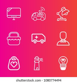 Premium set with outline vector icons. Such as light, drive, fashion, park, computer, object, navigation, ambulance, laptop, screen, style, lightbulb, satellite, modern, lighthouse, medical, grass, pc