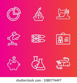 Premium set with outline vector icons. Such as gun, graphic, investment, craft, military, sewing, weapon, diagram, tailor, business, person, laboratory, bullet, chart, car, equipment, , finance, sign