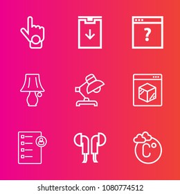 Premium set with outline vector icons. Such as table, technology, information, person, business, hand, human, download, sound, sign, job, finger, web, direction, switch, page, lamp, thermometer, audio
