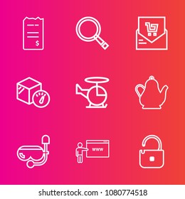 Premium set with outline vector icons. Such as box, kitchen, magnifying, price, drink, air, hot, supermarket, helicopter, retail, finance, list, aircraft, transportation, protection, bank, pay, web