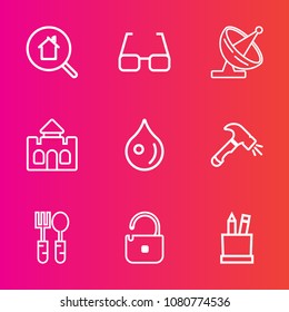 Premium set with outline vector icons. Such as lens, architecture, vision, online, property, dish, search, drop, shovel, medieval, restaurant, protection, security, equipment, spoon, communication
